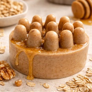 May include: A circular, light brown soap with a textured surface and small, rounded protrusions on top. Honey drips down the side, with oats and walnuts scattered around the bar.