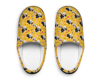 Shih Tzu Dogs and Butterflies, Yellow Women's Indoor Slippers - Fun Fashion Design for Casual Wear, Soft Comfortable House Shoe - Sizes 7-12