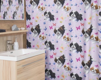Lavender Shih Tzu Shower Curtain - Puppies and Butterflies, Dog Lover Dad, Pooch Mama, Unique Decor, Plasic-free Polyester, Man Best Friend