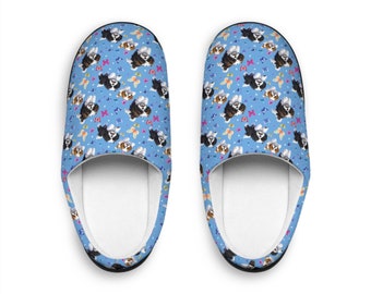 Shih Tzu Dogs and Butterflies, Blue Women's Indoor Slippers - Fun Fashion Design for Casual Wear, Soft Comfortable House Shoe - Sizes 7-12