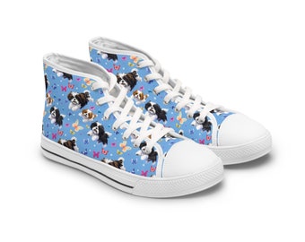 Chiens shih tzu et papillons, baskets montantes pour femmes - Design tendance amusant pour vêtements de loisirs, skateboard, basket-ball - Tailles 5,5-12