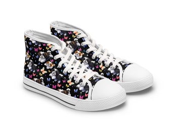 Shih Tzu Dogs and Butterflies, Women's High Top Sneakers - Fun Fashion Design for Casual Wear, Skateboarding, Basketball - Sizes 5.5-12