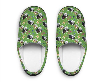Shih Tzu Dogs and Butterflies, Green Women's Indoor Slippers - Fun Fashion Design for Casual Wear, Soft Comfortable House Shoe - Sizes 7-12