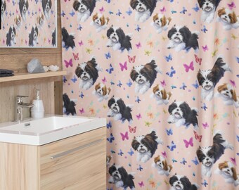 Peach Shih Tzu Shower Curtain - Puppies and Butterflies, Dog Lover Dad, Pooch Mama, Unique Decor, Plasic-free Polyester, Mom Man Best Friend