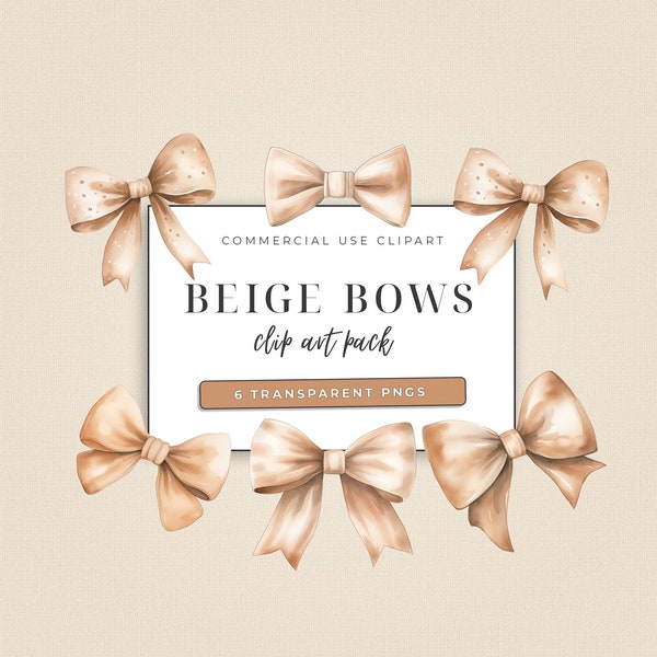 Beige Bows Clipart PNG, Pastel Ribbon Bow Silk, Watercolor Ribbons, Wedding and Birthday Bows, Instant Download, Gold Bows