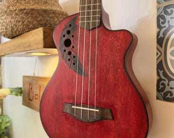 Spalted Tamarind Big Body Tenor Ukulele: Red Stain, Thinline Ovation, Cutaway