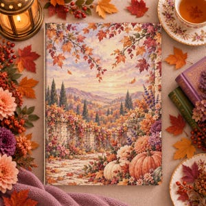 May include: A rectangular book cover featuring a detailed illustration of an autumn landscape with a stone wall, vibrant orange and red maple leaves, rolling hills, and two pumpkins in the foreground under a soft, warm sunset sky.