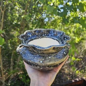 May include: A speckled ceramic bowl with a scalloped rim, in shades of blue, gray, and white. The bowl has a rounded base and a lighter interior. The background is blurred green foliage.