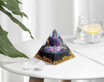 Natural Tiger Eye Orgonite Pyramid Healing Crystals Centerpiece Energy Generator Reiki Chakra Multiplier Orgone Amethyst Meditation