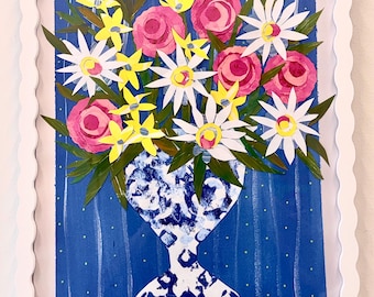 Irises in blue transferware vase