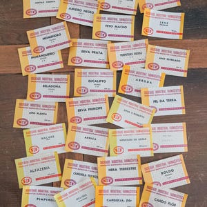 Conjunto de 30 etiquetas de farmacia con hierbas medicinales (años 60)