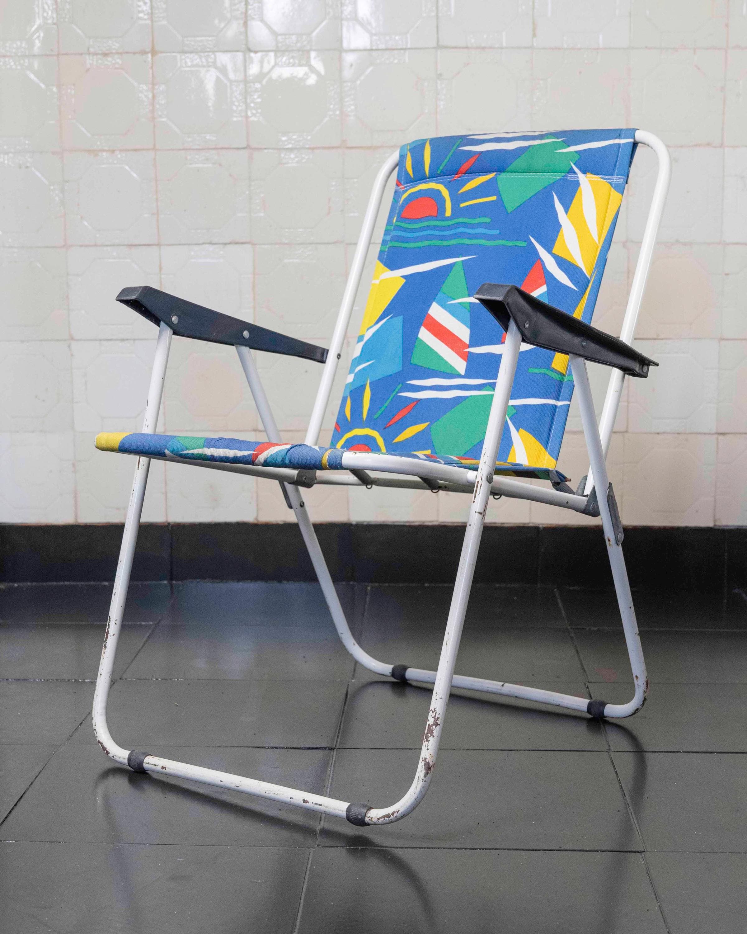 Tabouret Pliant Vintage Métal Rayé – Camping VW Picnic Plage Pêche