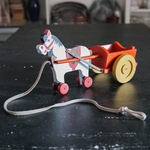 Vintage handmade wooden horse and cart, string pull toy (1980s)