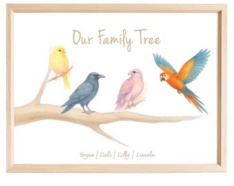 May include: A framed print with a watercolour illustration of a family tree, featuring birds. The artwork includes a yellow canary, a blue crow, a pink bird, and an orange and blue macaw. The text "Our Family Tree" is above the birds, with names below.
