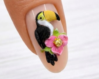 Toucan Nail Charm 3D | Tropical Bird Nail Art with Flower | Summer Nail Decoration | Cute Exotic Nail Charm