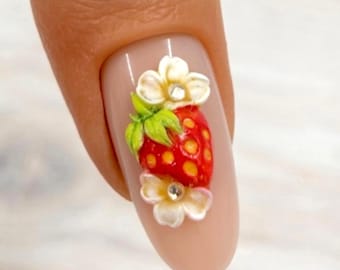 3D Strawberry Nail Charm with Flowers | Kawaii Fruit Nail Art Charm | Spring Summer Nails | Cute Acrylic Nail Decoration