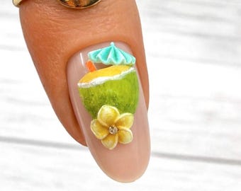 3D Coconut Drink Nail Charm with Flower – Tropical Summer Nail Art Decoration