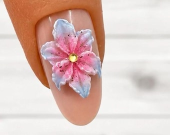 2pcs 3D Pink Blue Flower Nail Charm | Hand Painted Floral Nail Art | Pastel Blossom Nail Decoration | Spring Nails