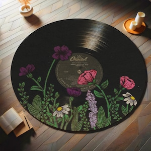 Record Rug, Record Round Rug, Classic Rug, Decorative Floral Pattern Non-Slip Round Record Rug for  Music Room, Personalized Record Decor,