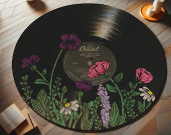 Record Rug, Record Round Rug, Classic Rug, Decorative Floral Pattern Non-Slip Round Record Rug for  Music Room, Personalized Record Decor,