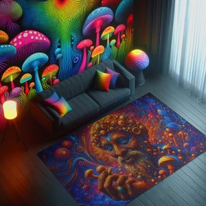 Dywan Trippy Mushroom, dywan dla miłośników grzybów, dywan Magic Mushroom do wystroju pokoju hippie, dywan psychodeliczny, dywan Trippy, dywan iluzjonistyczny