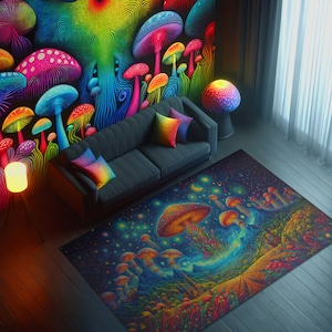 Dywan Trippy Mushroom, dywan dla miłośników grzybów, dywan Magic Mushroom do wystroju pokoju hippie, dywan psychodeliczny, dywan Trippy, dywan iluzjonistyczny