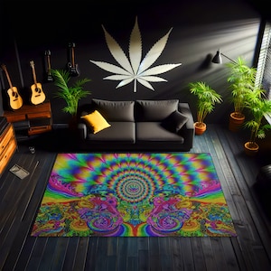 Psychedelic Rug,Weed Rug, Mushroom Rug For Hippie Room Decor, Trippy Rug For Weirdcore Dorm Room Decor, Cool Blacklight Rug, Washable Rug