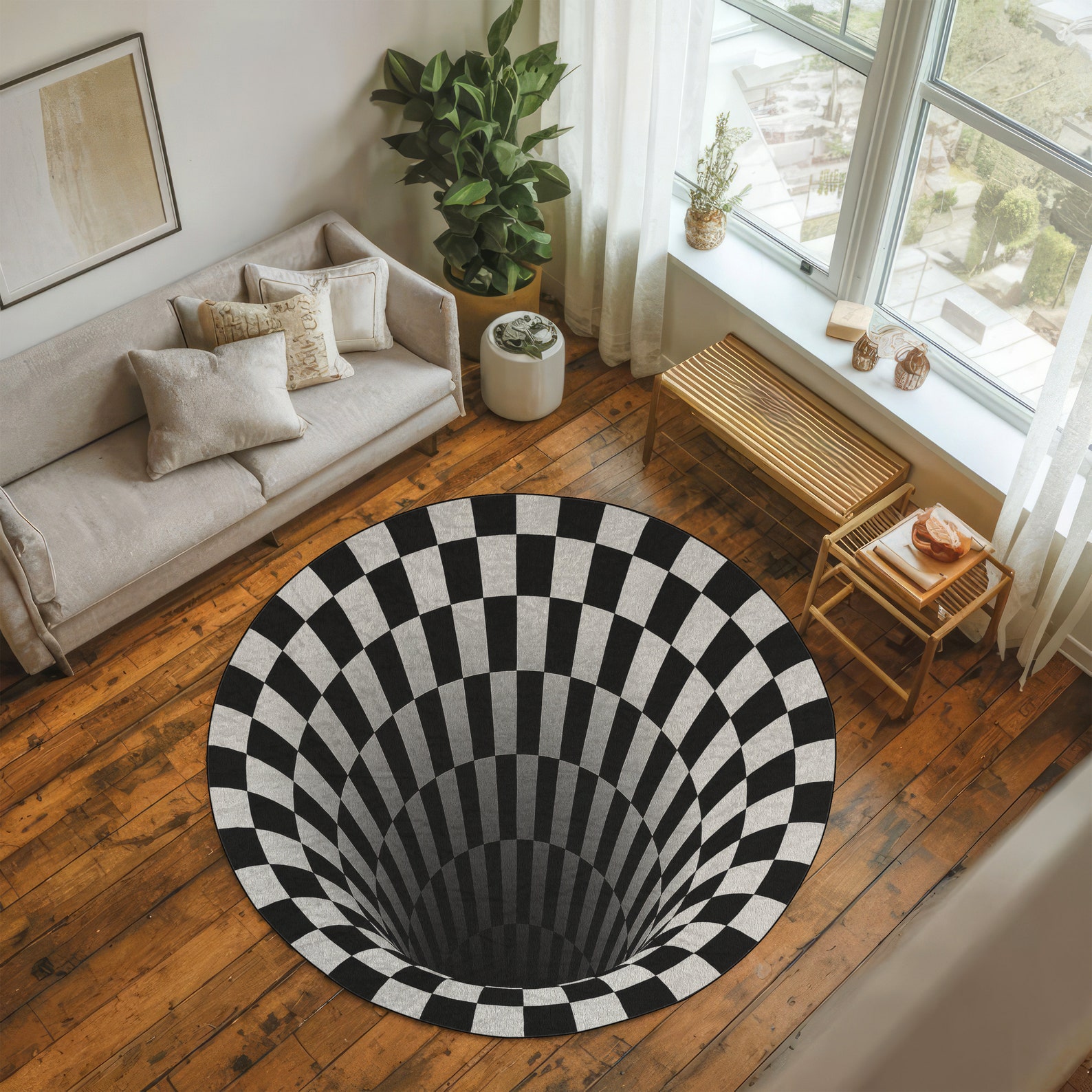 Optical İllusion Checkered Rug, Round Rug, Aged Black White Checker ...