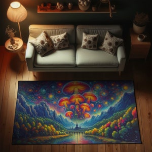 Dywan Trippy Mushroom, dywan dla miłośników grzybów, dywan Magic Mushroom do wystroju pokoju hippie, dywan psychodeliczny, dywan Trippy, dywan iluzjonistyczny