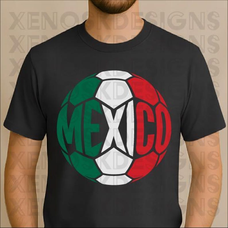May include: A black short-sleeved t-shirt featuring a large circular graphic on the chest. The graphic is a soccer ball design colored in green, white, and red, representing the Mexican flag, with the word MEXICO printed in bold white letters.