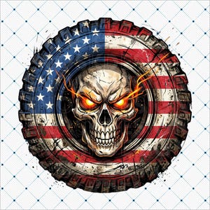 American Flag Skull Tire PNG, Flaming Eyes Off-Road Digital Design, USA Patriotic 4x4 Clipart