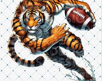 Football Tiger PNG Digital Download, Sports Clipart, Football Team Graphics, Tiger Mascot Logo, Sports Fan Art, Digital Tiger Mascot Graphic