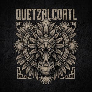 Op de afbeelding: Een grafische illustratie op een donkere achtergrond met een centrale slangenkop met een gespleten tong, omringd door gestileerde veren en cirkelvormige zonmotieven. De tekst QUETZALCOATL staat bovenaan in een vet, verweerd lettertype.