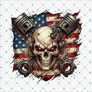 American Flag Piston Skull PNG, Mechanic Skull Design, Patriotic Biker Digital Download