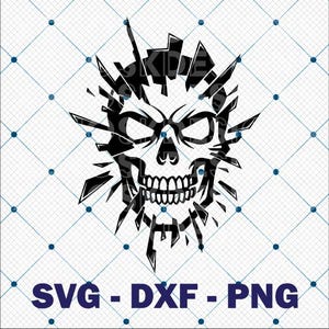May include: A black and white graphic of a skull with shattered glass effect. The skull has an angry expression with sharp shards radiating outwards. The text "SVG - DXF - PNG" is at the bottom.