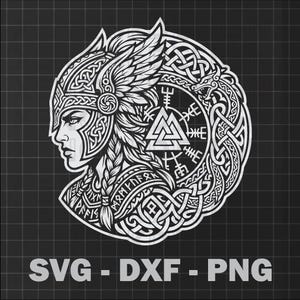Op de afbeelding: Een zwart-wit illustratie van een Vikingvrouw in profiel, met een gedetailleerde helm met een vleugel en ingewikkeld knoopwerk. Het ontwerp bevat runen en de tekst "SVG - DXF - PNG".