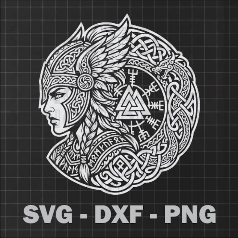 Op de afbeelding: Een zwart-wit illustratie van een Vikingvrouw in profiel, met een gedetailleerde helm met een vleugel en ingewikkeld knoopwerk. Het ontwerp bevat runen en de tekst "SVG - DXF - PNG".