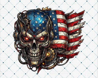 Cyborg Skull American Flag PNG, Steampunk Patriotic Graphic, Mechanical Skull Digital Download