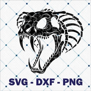 May include: A monochrome graphic of a snake skull with open jaws, showing fangs and a detailed skeletal structure. The text "SVG - DXF - PNG" is at the bottom of the image.
