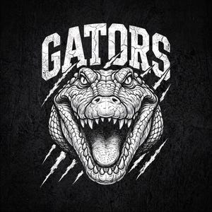 May include: A black and white graphic illustration featuring a detailed alligator head with an open mouth showing sharp teeth. The word GATORS is printed in a distressed, cracked white font above the alligator, with white claw marks.