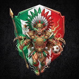 May include: A graphic illustration of an Aztec warrior wearing a feathered headdress in green, white, and red, holding a spear and a soccer ball. The warrior is centered against a shield featuring the Mexican flag, surrounded by electric sparks.