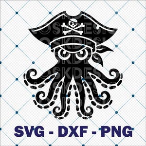 Könnte beinhalten: Schwarze und weiße Silhouette eines Kraken, der einen Piratenhut mit Totenkopf und Knochen trägt. Der Krake hat acht Tentakel mit einem gepunkteten Muster.