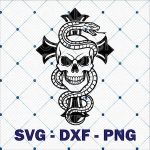 May include: A monochrome graphic design featuring a skull entwined with a snake, set against a cross. The image includes the text "SVG : DXF - PNG" in dark blue. Ideal for digital art and design projects.