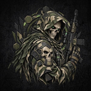 Pode incluir: Uma ilustração digital de uma figura esquelética vestindo uma capa tática camuflada com capuz e armadura com um emblema de caveira no ombro. A figura tem olhos verdes brilhantes e segura um rifle tático preto contra um fundo escuro.