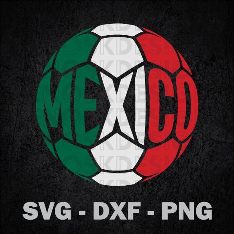 May include: A circular graphic design shaped like a soccer ball featuring the word MEXICO. The design uses the colors of the Mexican flag with green on the left, white in the center, and red on the right, separated by black outlines.