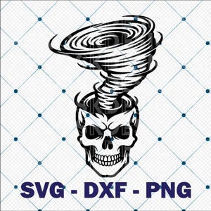 May include: A black and white graphic of a skull with a tornado erupting from the top of the head. The image includes the text "SVG - DXF - PNG" in dark blue.