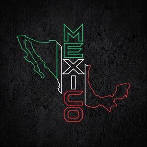 May include: A graphic design featuring the word MEXICO written vertically in a stylized font. The letters are outlined in green, white, and red. To the left and right of the text, the outline of the country of Mexico is depicted in the same colors.