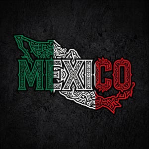 Puede incluir: Un diseño gráfico que presenta la palabra MEXICO en letras estilizadas y audaces integradas en un contorno de mapa. El diseño utiliza una paleta de colores verde, blanco y rojo, decorado con patrones geométricos complejos y motivos aztecas.