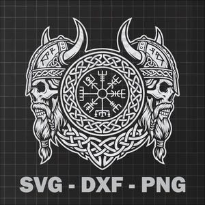 May include: A black and white Viking-themed graphic featuring two skull-faced figures wearing horned helmets. A circular design with a compass-like symbol is centered between them. The text "SVG - DXF - PNG" is at the bottom.
