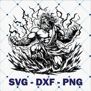 Könnte beinhalten: Schwarz-weiß-Illustration einer muskulösen Figur mit Blitzen, möglicherweise eine Darstellung von Zeus, dem griechischen Gott des Donners.